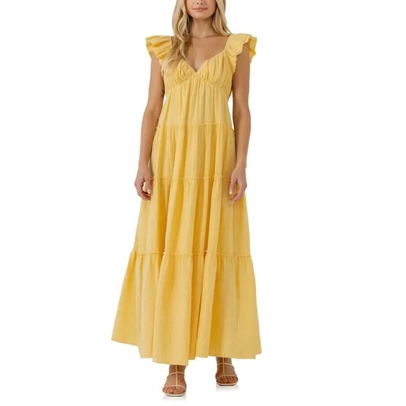 Free The Roses Yellow Gauzy Cotton Maxi Dress Ruffle Sleeve Tiered Boho Size XS - Picture 1 of 6